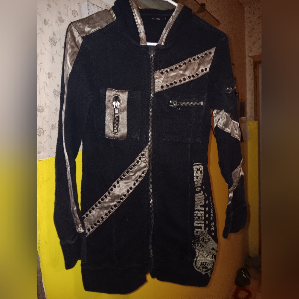 SALVAGE Vintage Gorgeous Black and Silk Silver Hooded Zippered Jacket. S - Picture 1 of 5
